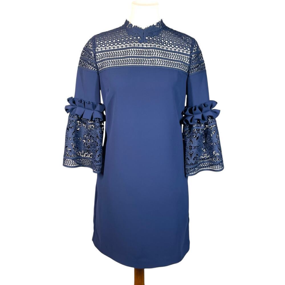 Ted Baker Lucila Lace Panel Bell Sleeve Navy Blue Casual Tunic Dress Size 4